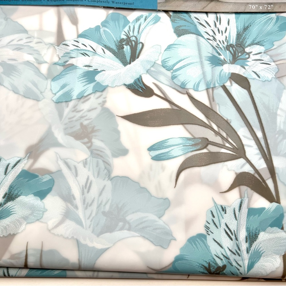 Blue Hawaii Peva Shower Curtain Blue Gray Flowers Leaves Metal Grommets